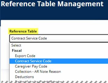 The Reference Table Management dropdown field displays Contract Service Code under the Fiscal selection category.